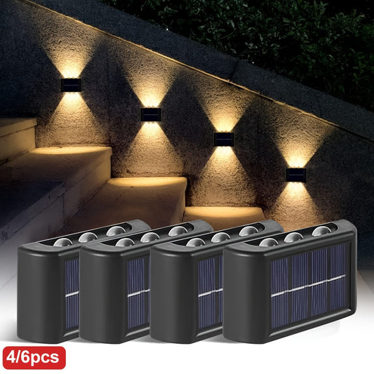 4/6 Pack Solar Wall Sconce Lights, 6 LEDs Exterior Wall Convex Mirror Modeling, Semi Flush Mount Garden Decorative Lighting, Plastic Material with Installation Hardware, Solar Charging Nickel Battery, Remote Control Not Inclu