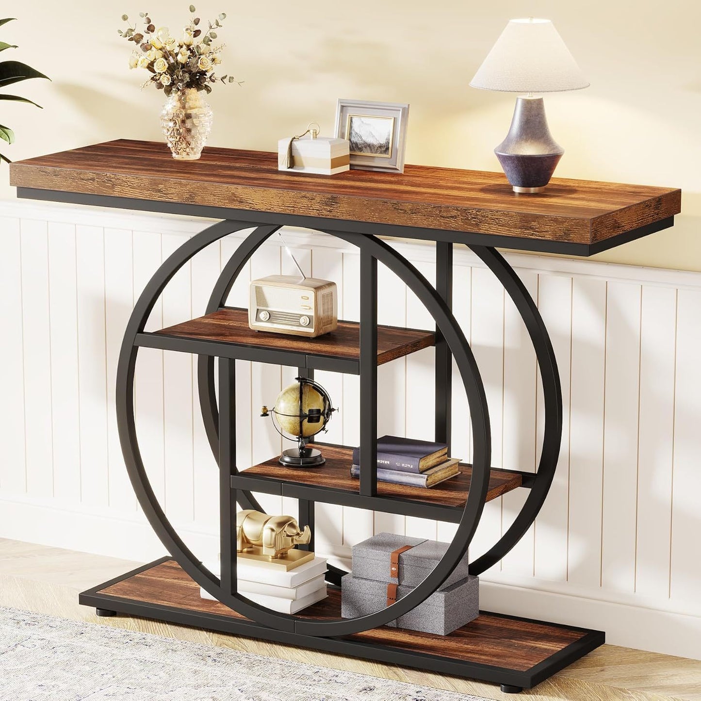 Rustic 4-Tier Console Table with Circular Metal Base, Wooden Storage Shelves for Living Room, Hallway, or Entryway – Industrial Chic Design, Adjustable Leg Pads, Perfect for Modern Spaces and Gift Ideas, Entryway Furniture