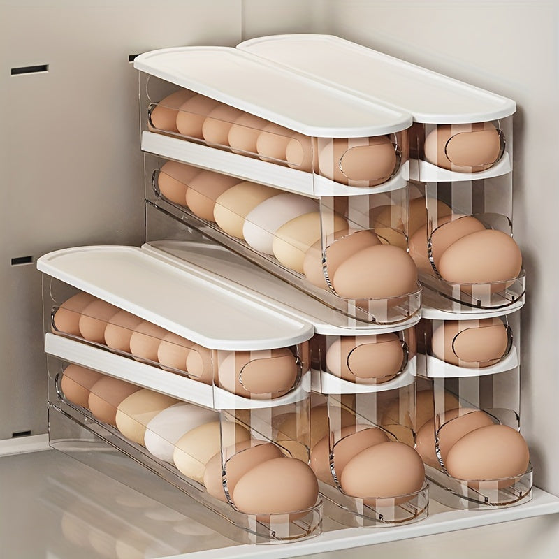 Egg Holder for Fridge with Lid - Auto Roll Down Egg Dispenser for Refrigerator Storage Organizer Space Saving Egg - Easy Access 2 Tier Egg Storage Rack (1pc)