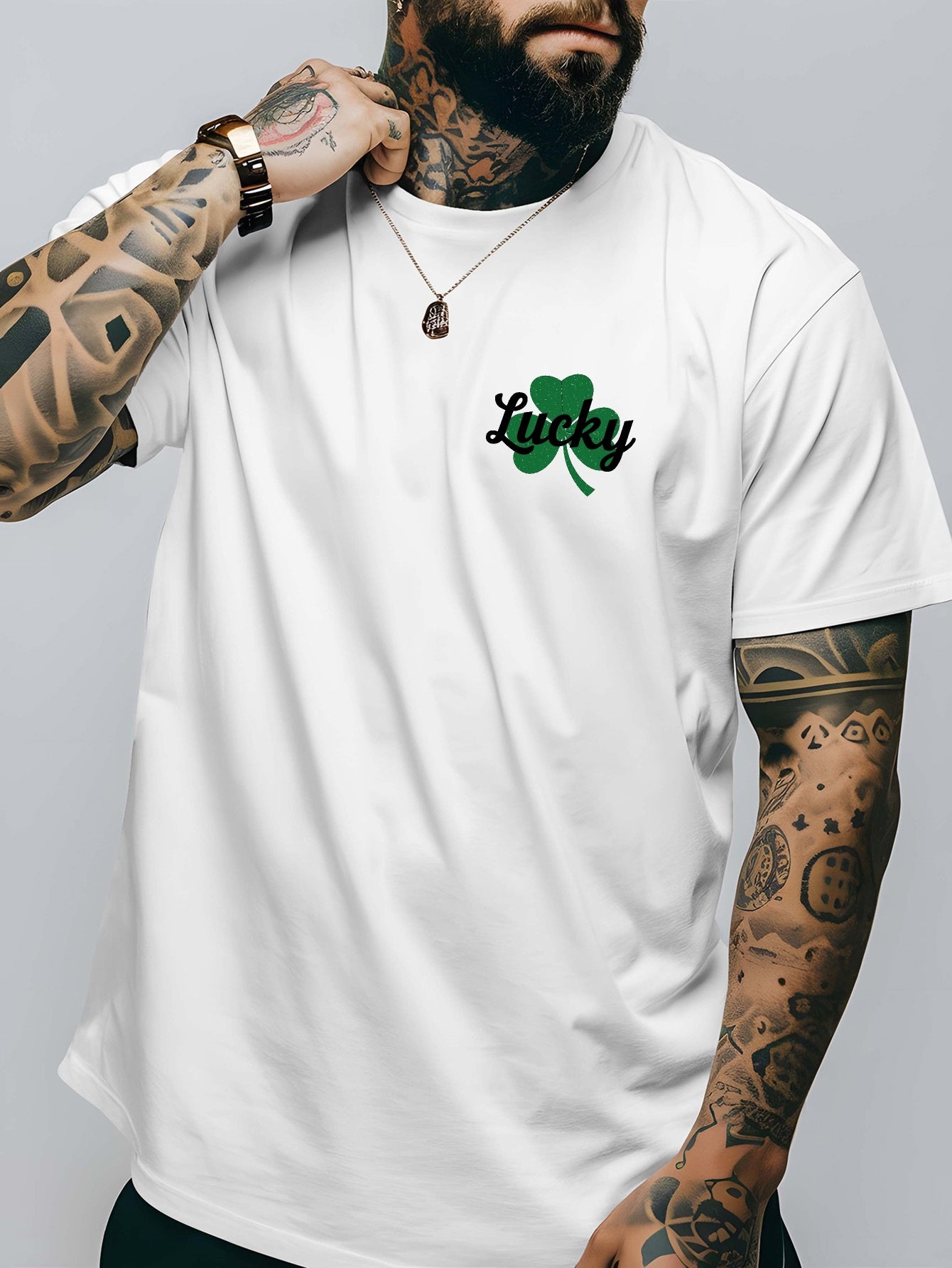 Men's Lucky Shamrock St. Patrick's Day T-Shirt - Navy Blue Short-Sleeve Crewneck, Breathable Polyester Blend, Casual Summer Top with Four-Leaf Clover Design