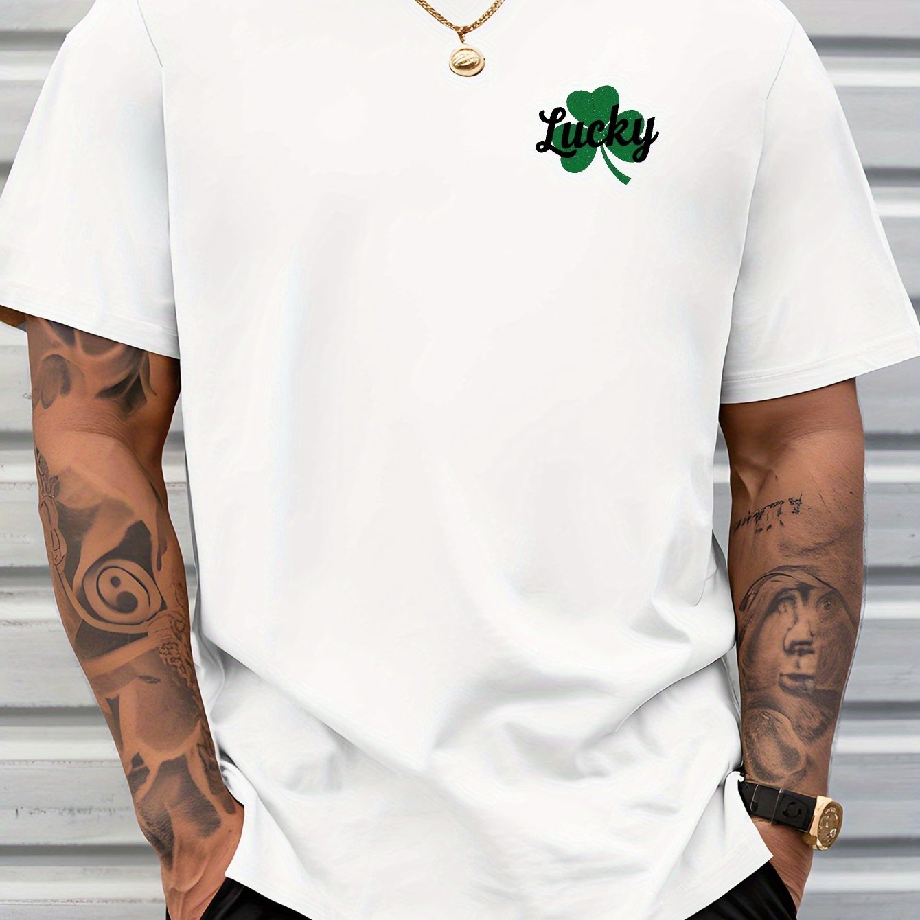 Men's Lucky Shamrock St. Patrick's Day T-Shirt - Navy Blue Short-Sleeve Crewneck, Breathable Polyester Blend, Casual Summer Top with Four-Leaf Clover Design