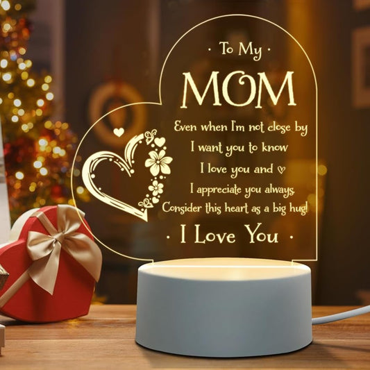 Engraved Night Light for Mom - Perfect Gift from Daughter or Son on Mother's Day, Christmas, Valentine's - USB Powered LED Lamp with Clear Text & Beautiful Patterns