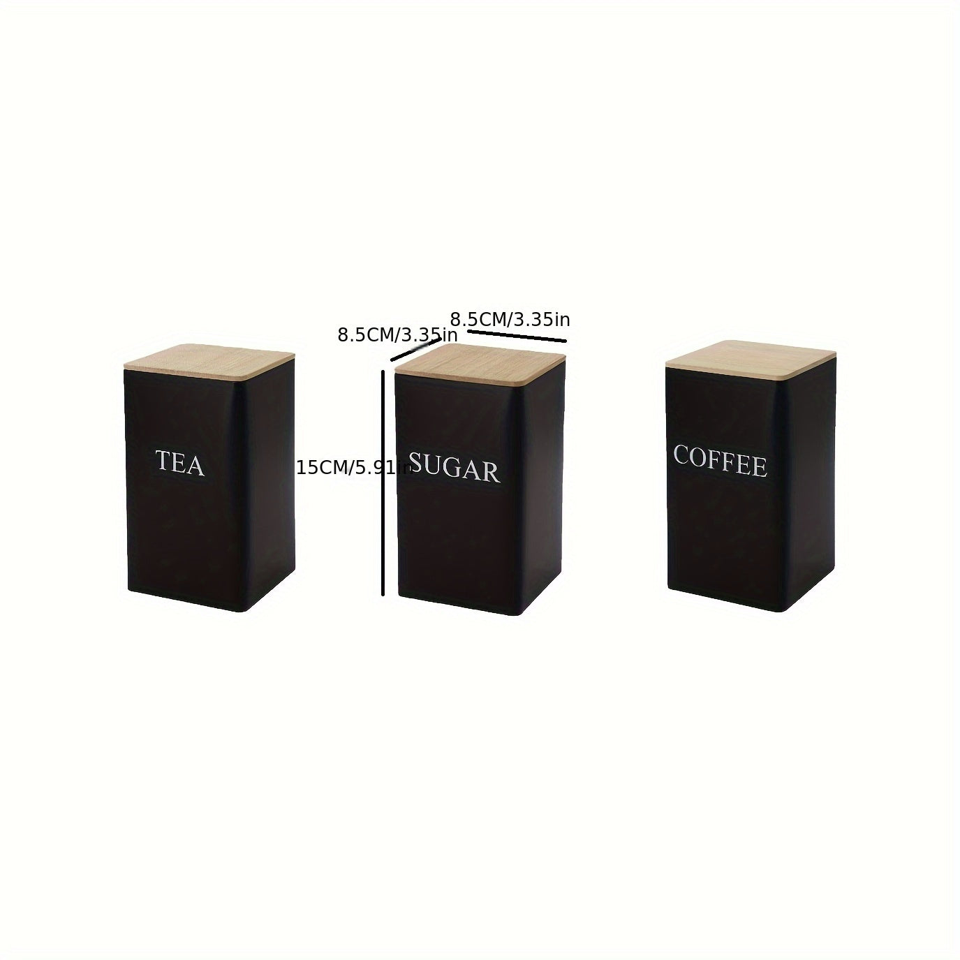 Set of 3 Square Metal Canisters with Wooden Lids - Tea, Sugar, Coffee