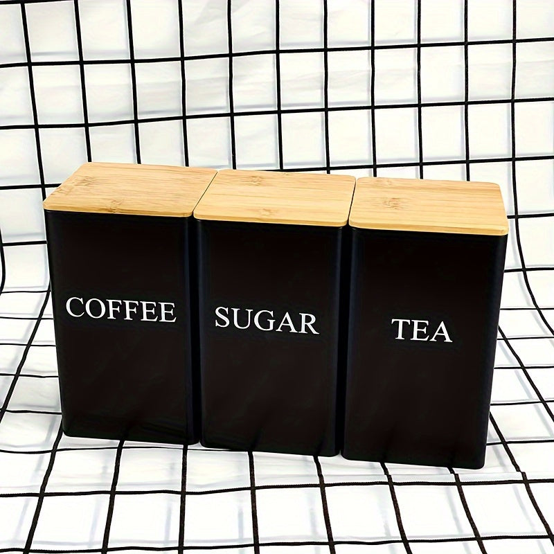 Set of 3 Square Metal Canisters with Wooden Lids - Tea, Sugar, Coffee