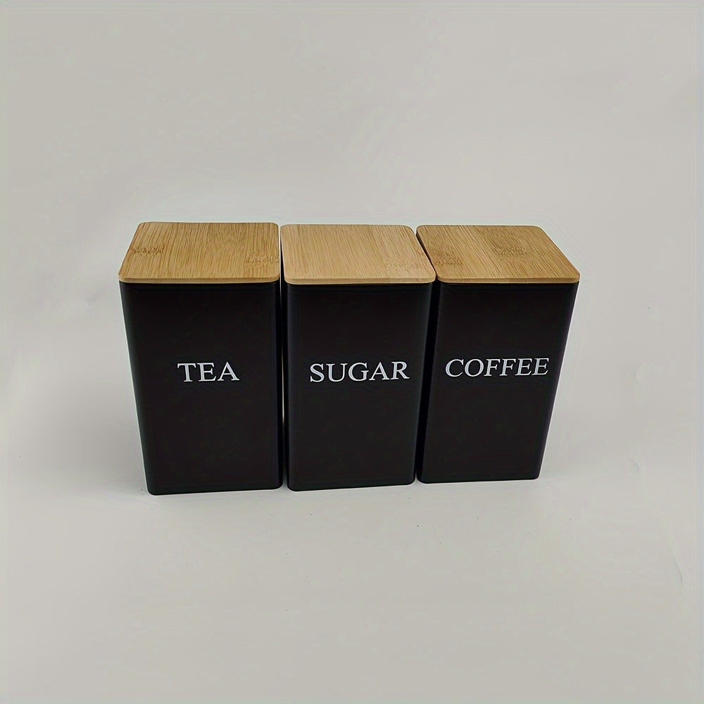 Set of 3 Square Metal Canisters with Wooden Lids - Tea, Sugar, Coffee