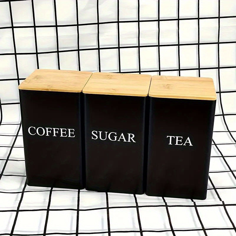 Set of 3 Square Metal Canisters with Wooden Lids - Tea, Sugar, Coffee