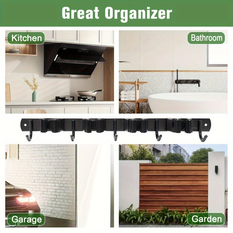 [Home Organization] Heavy-Duty Metal Tool Organizer Rack with 4 Slots & 5 Hooks - Green & Black, Wall-Mounted Storage for Garden Tools, Brooms, Mops & Garage Equipment, Tool Organizer Storage