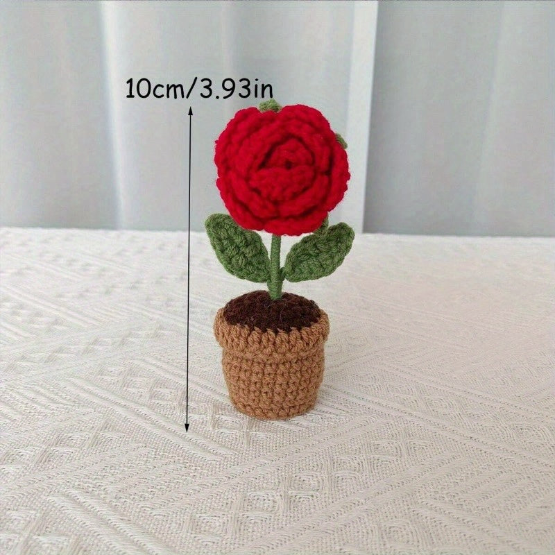 1pc Romantic Handmade Crochet Rose in Heart-Shaped Pot - Ideal for Mother's Day/Valentine's, Charming Red Knitted Flower with Woven Basket, Perfect for Home Decor & Gifting, Special Occasion Gift|Romantic Decor Item|Artisanal