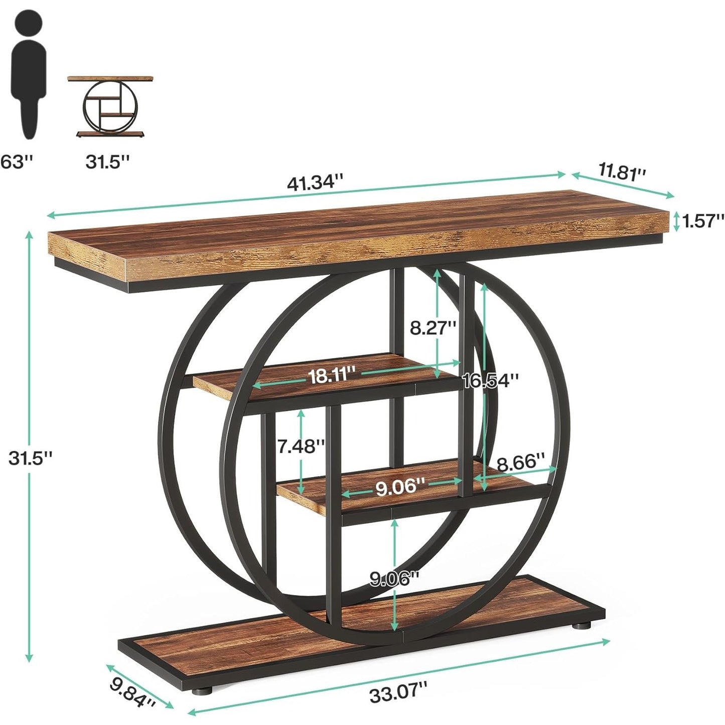 Rustic 4-Tier Console Table with Circular Metal Base, Wooden Storage Shelves for Living Room, Hallway, or Entryway – Industrial Chic Design, Adjustable Leg Pads, Perfect for Modern Spaces and Gift Ideas, Entryway Furniture