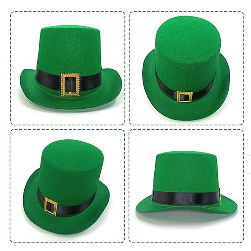 1pc St. Patrick'S Day Green Felt Top Hat with Irish Belt and Square Buckle Design - No Feathers, Electricity-Free, Festive Magician Hat for Stage Performance and Holiday Celebrations