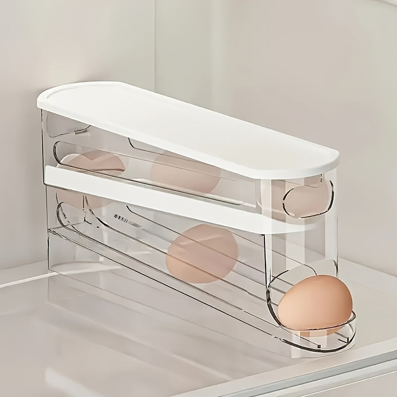 Egg Holder for Fridge with Lid - Auto Roll Down Egg Dispenser for Refrigerator Storage Organizer Space Saving Egg - Easy Access 2 Tier Egg Storage Rack (1pc)