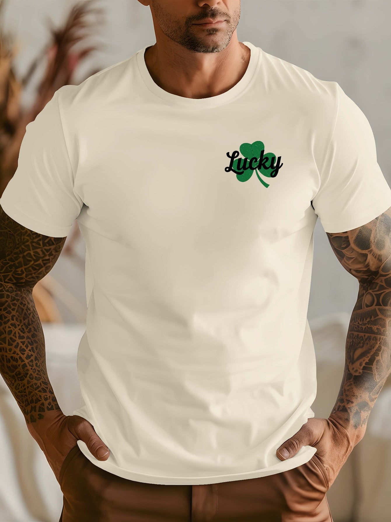 Men's Lucky Shamrock St. Patrick's Day T-Shirt - Navy Blue Short-Sleeve Crewneck, Breathable Polyester Blend, Casual Summer Top with Four-Leaf Clover Design