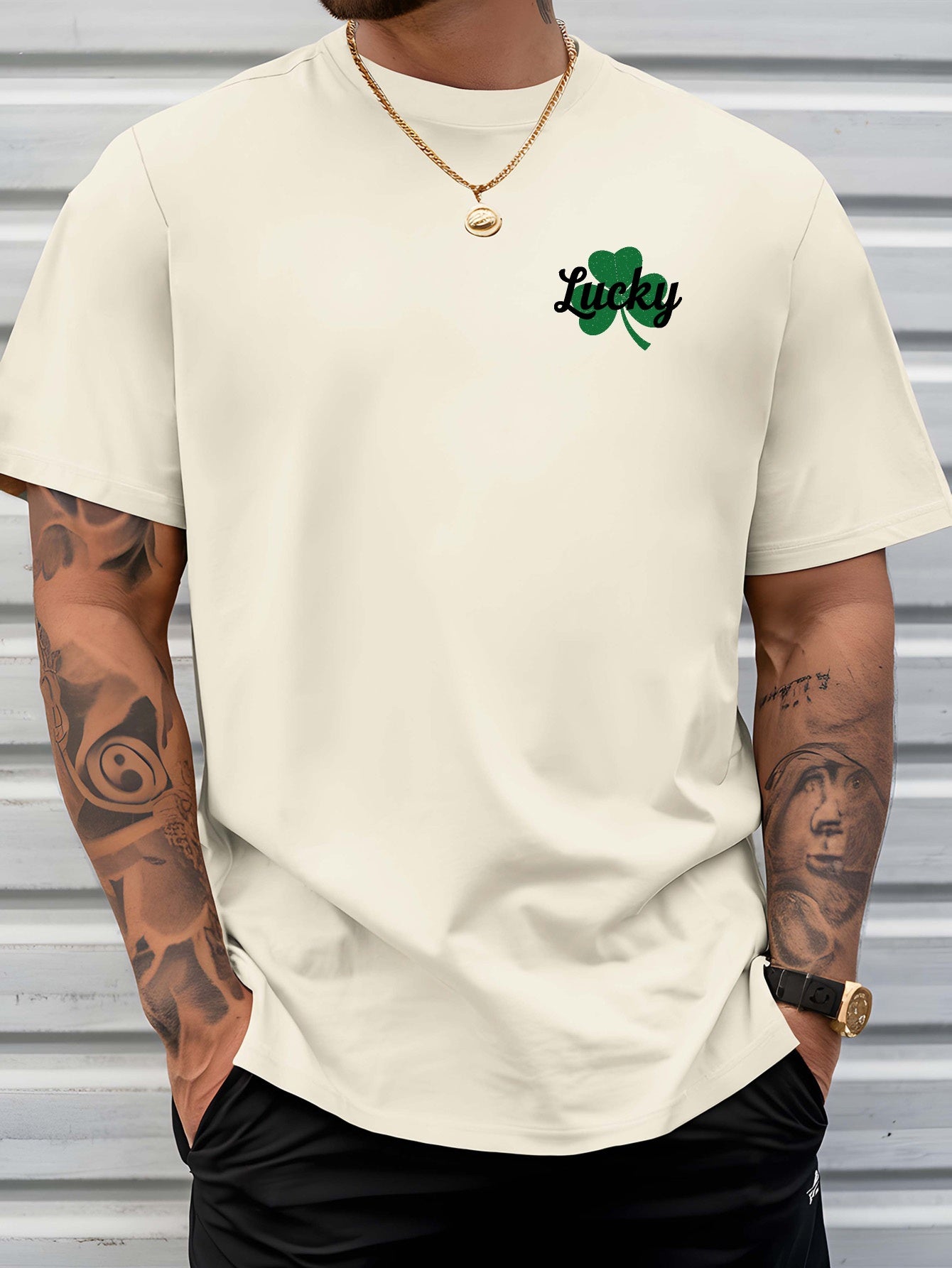 Men's Lucky Shamrock St. Patrick's Day T-Shirt - Navy Blue Short-Sleeve Crewneck, Breathable Polyester Blend, Casual Summer Top with Four-Leaf Clover Design