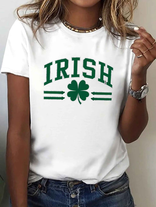 Women's Irish Clover Print T-Shirt - Soft Polyester Blend, Short Sleeve Crew Neck Casual Top for Spring & Summer, White with Green St. Patrick's Day Design