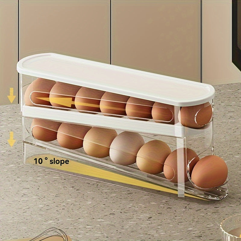 Egg Holder for Fridge with Lid - Auto Roll Down Egg Dispenser for Refrigerator Storage Organizer Space Saving Egg - Easy Access 2 Tier Egg Storage Rack (1pc)