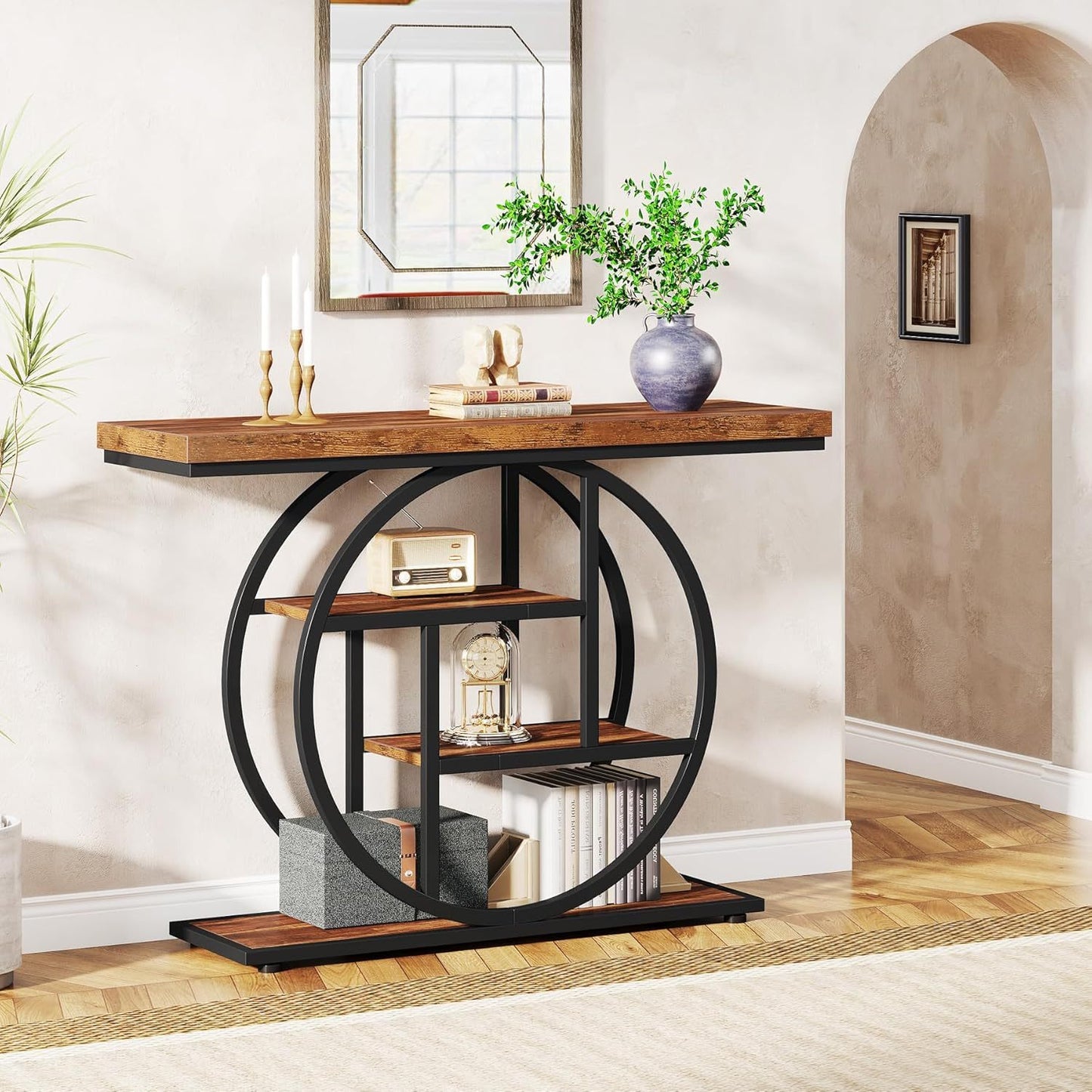 Rustic 4-Tier Console Table with Circular Metal Base, Wooden Storage Shelves for Living Room, Hallway, or Entryway – Industrial Chic Design, Adjustable Leg Pads, Perfect for Modern Spaces and Gift Ideas, Entryway Furniture