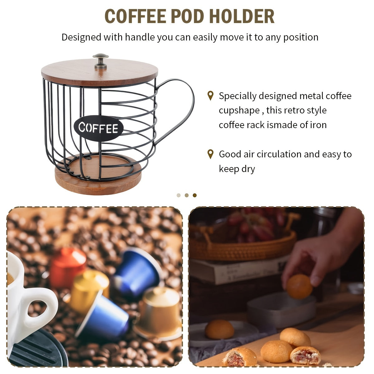 [Wooden Base Espresso Capsule Holder] Large Capacity Coffee Pod Holder with Wooden Base - Modern, Anti-Scratch Metal Wire Basket for Espresso Capsules & Pods - Perfect for Kitchen, Bar, and Restaurant Decor