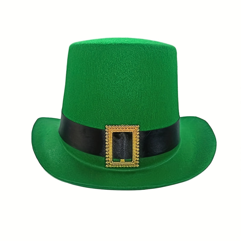 1pc St. Patrick'S Day Green Felt Top Hat with Irish Belt and Square Buckle Design - No Feathers, Electricity-Free, Festive Magician Hat for Stage Performance and Holiday Celebrations