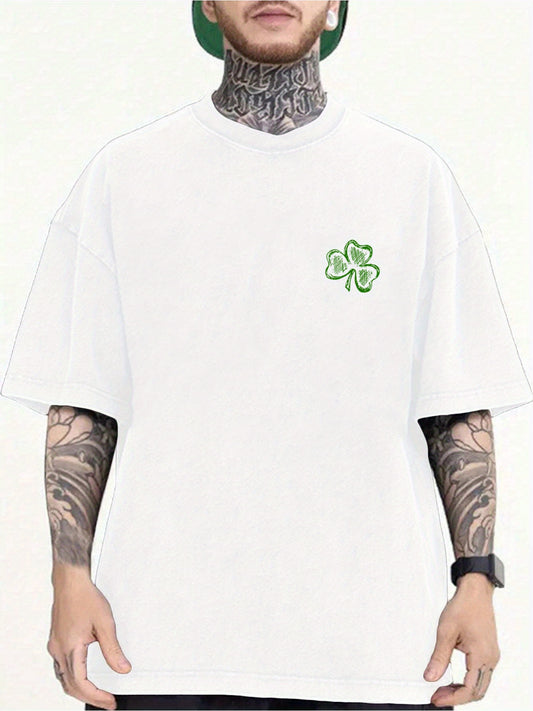 Men's Casual Short Sleeve T-Shirt with Lucky Clover and Plant Print for St. Patrick's Day, Round Neck, Polyester - Machine Washable, Handmade, St. Patrick's Day