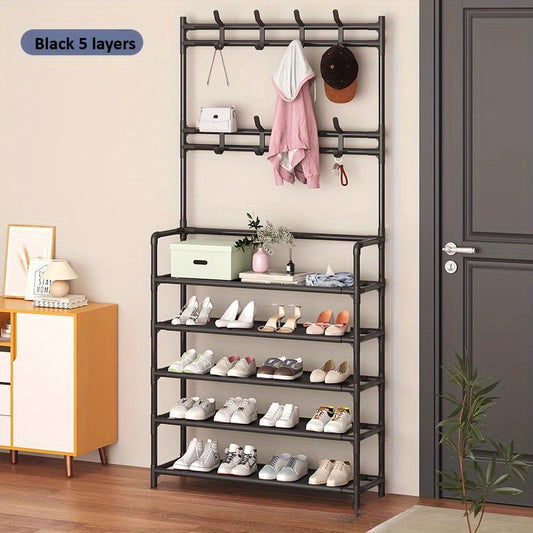 5-Tier Black Metal Shoe and Clothing Rack – Multi-Layer Storage Organizer with Hooks for Hats, Bags, and Accessories – Space-Saving Design for Home, Dorm, or Rental Rooms, Baskets, Bins & Containers for Home Organization