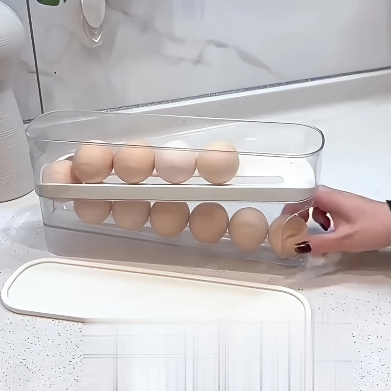 Egg Holder for Fridge with Lid - Auto Roll Down Egg Dispenser for Refrigerator Storage Organizer Space Saving Egg - Easy Access 2 Tier Egg Storage Rack (1pc)