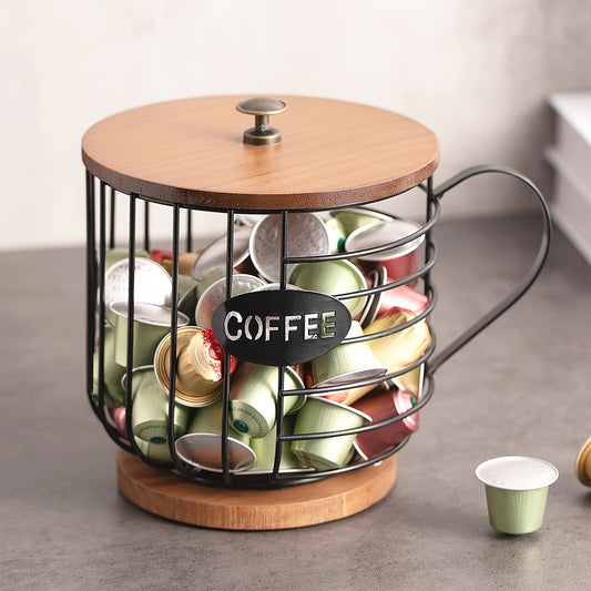 [Wooden Base Espresso Capsule Holder] Large Capacity Coffee Pod Holder with Wooden Base - Modern, Anti-Scratch Metal Wire Basket for Espresso Capsules & Pods - Perfect for Kitchen, Bar, and Restaurant Decor