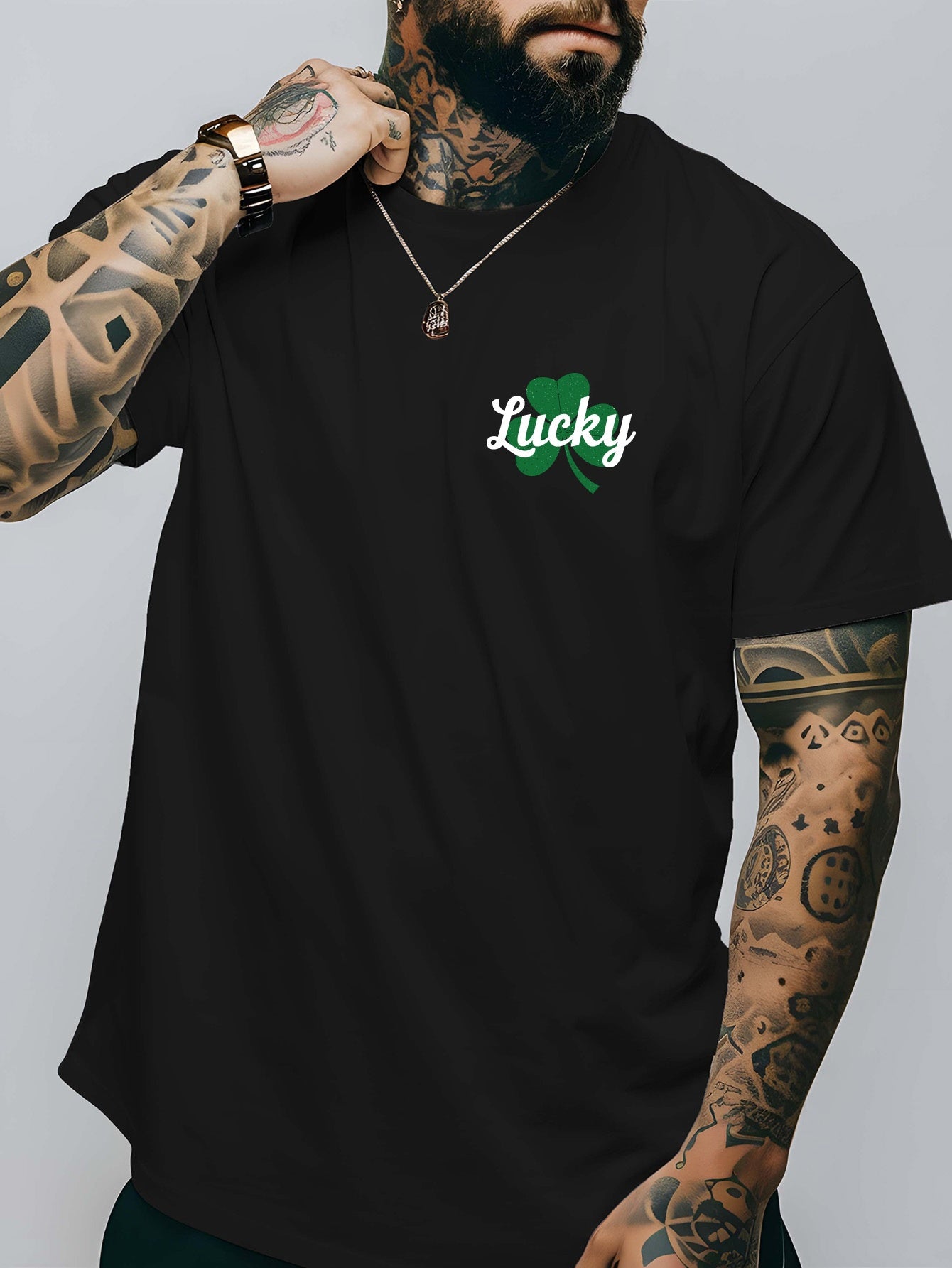 Men's Lucky Shamrock St. Patrick's Day T-Shirt - Navy Blue Short-Sleeve Crewneck, Breathable Polyester Blend, Casual Summer Top with Four-Leaf Clover Design