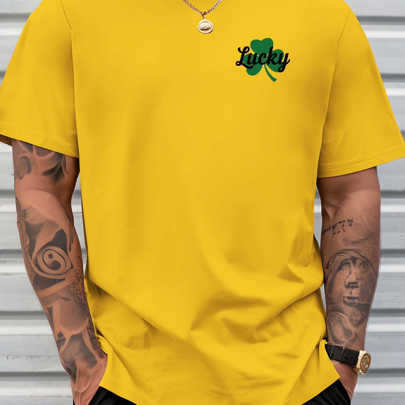 Men's Lucky Shamrock St. Patrick's Day T-Shirt - Navy Blue Short-Sleeve Crewneck, Breathable Polyester Blend, Casual Summer Top with Four-Leaf Clover Design