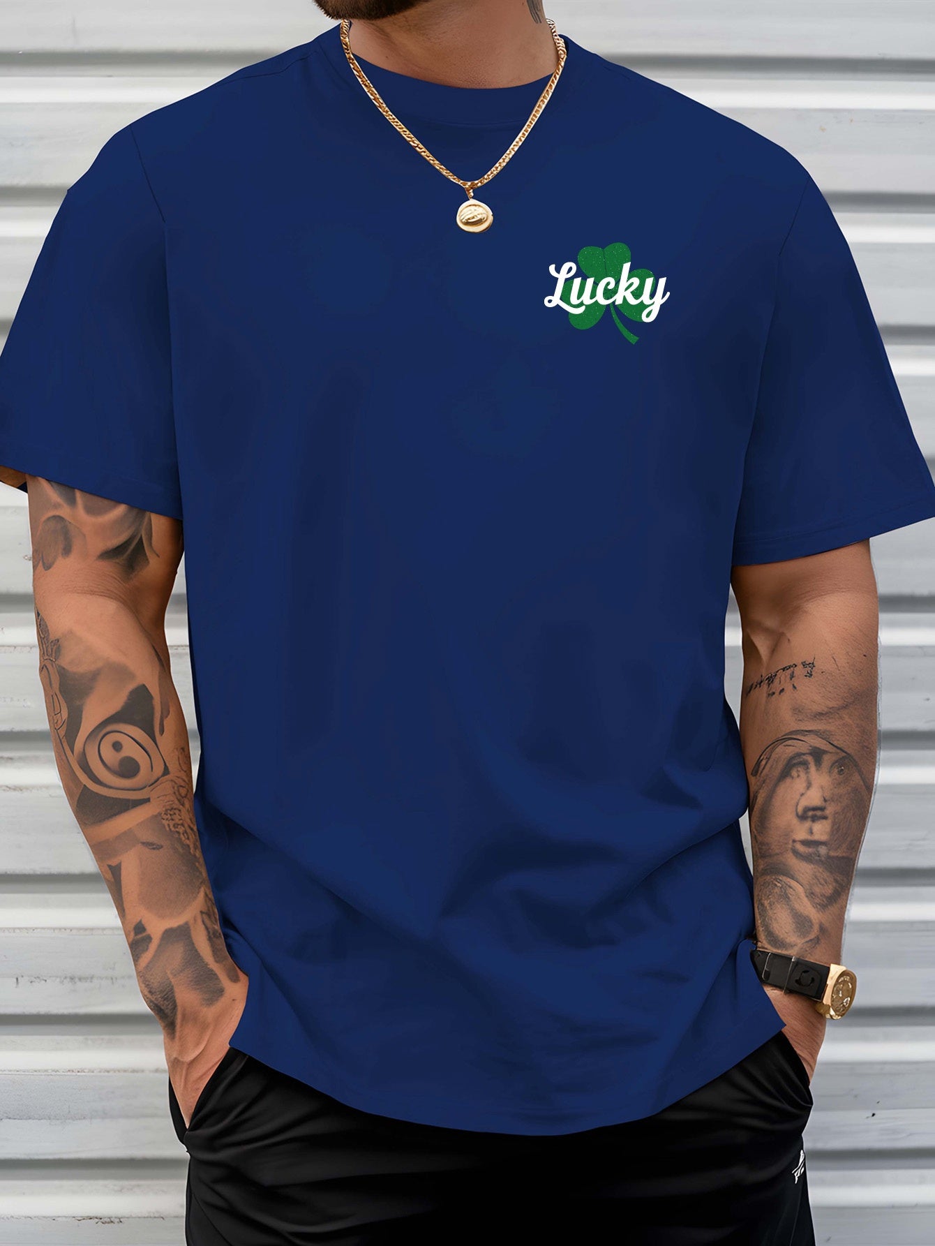 Men's Lucky Shamrock St. Patrick's Day T-Shirt - Navy Blue Short-Sleeve Crewneck, Breathable Polyester Blend, Casual Summer Top with Four-Leaf Clover Design