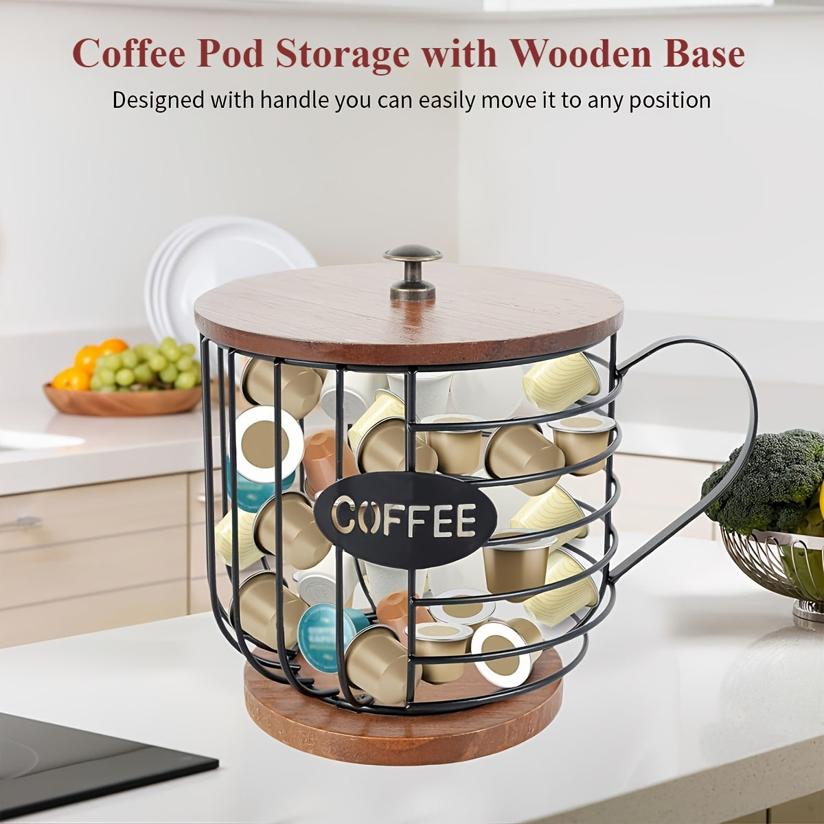 [Wooden Base Espresso Capsule Holder] Large Capacity Coffee Pod Holder with Wooden Base - Modern, Anti-Scratch Metal Wire Basket for Espresso Capsules & Pods - Perfect for Kitchen, Bar, and Restaurant Decor