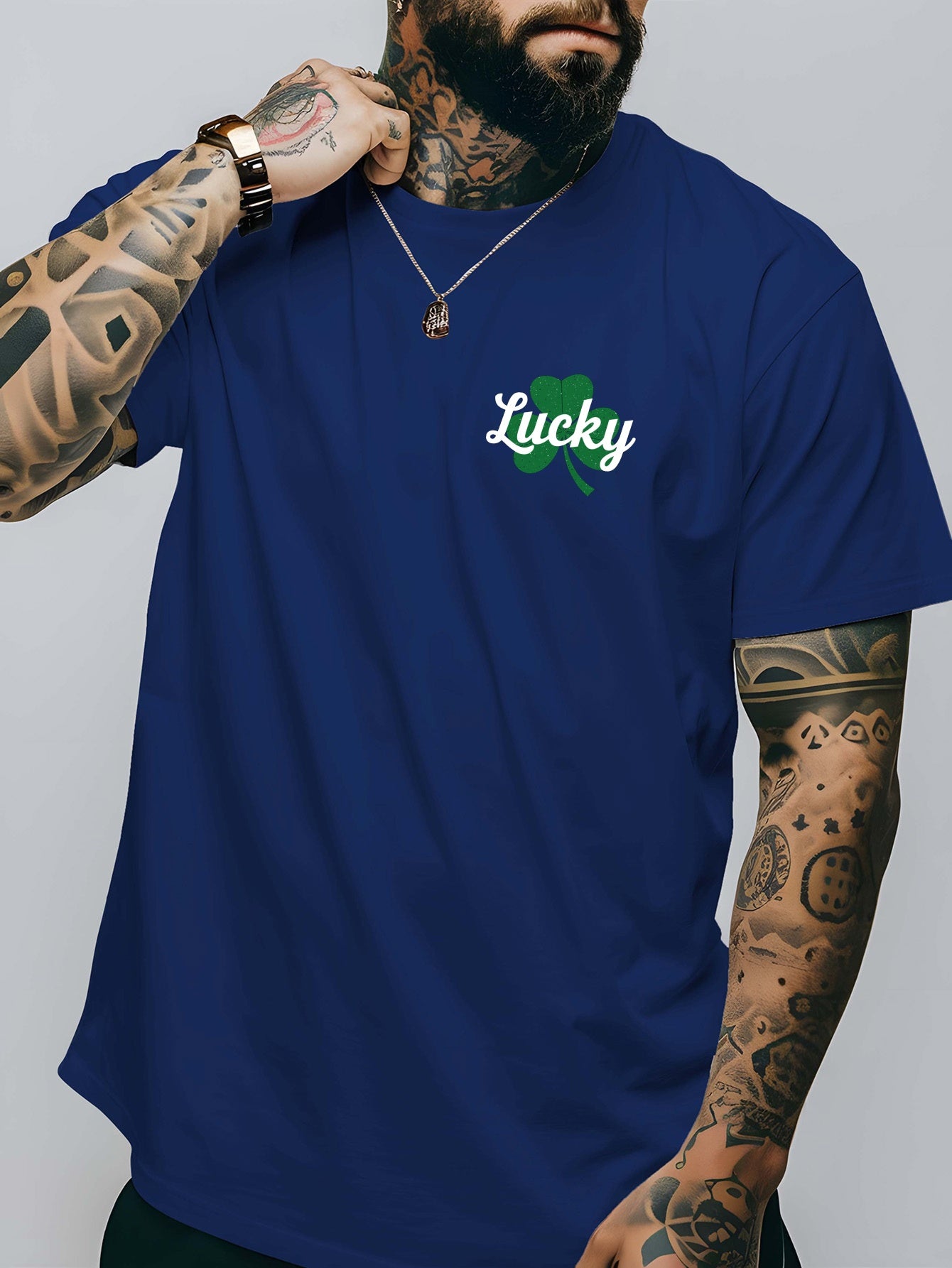 Men's Lucky Shamrock St. Patrick's Day T-Shirt - Navy Blue Short-Sleeve Crewneck, Breathable Polyester Blend, Casual Summer Top with Four-Leaf Clover Design