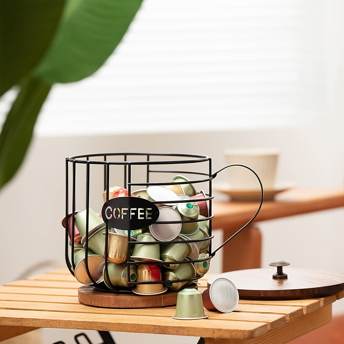 [Wooden Base Espresso Capsule Holder] Large Capacity Coffee Pod Holder with Wooden Base - Modern, Anti-Scratch Metal Wire Basket for Espresso Capsules & Pods - Perfect for Kitchen, Bar, and Restaurant Decor