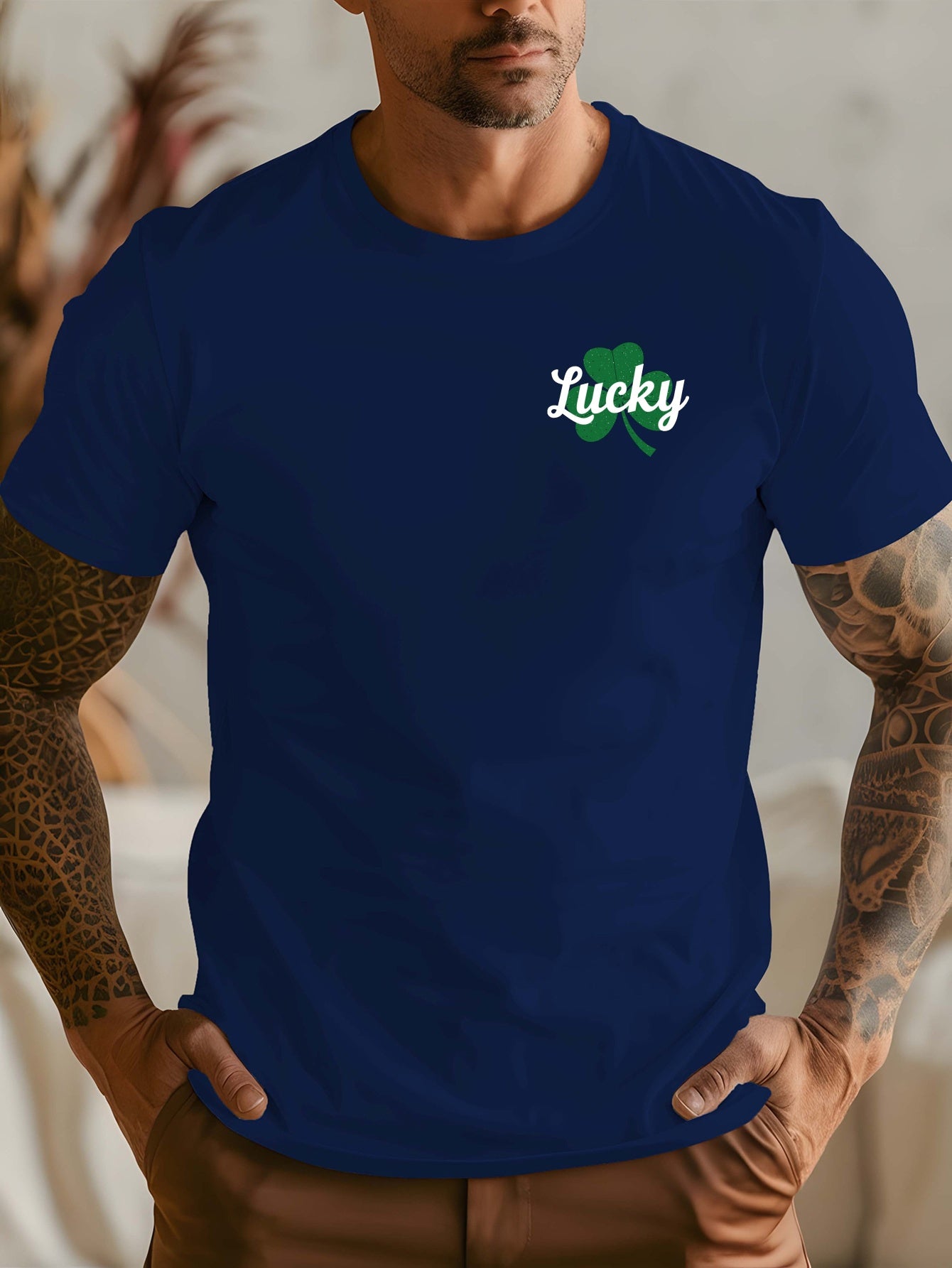 Men's Lucky Shamrock St. Patrick's Day T-Shirt - Navy Blue Short-Sleeve Crewneck, Breathable Polyester Blend, Casual Summer Top with Four-Leaf Clover Design