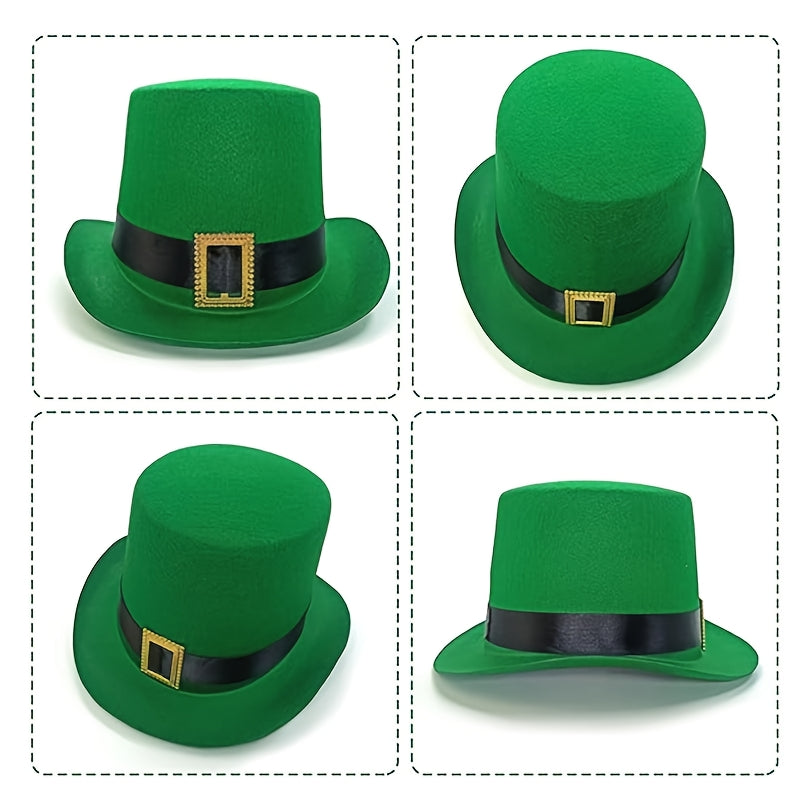 1pc St. Patrick'S Day Green Felt Top Hat with Irish Belt and Square Buckle Design - No Feathers, Electricity-Free, Festive Magician Hat for Stage Performance and Holiday Celebrations