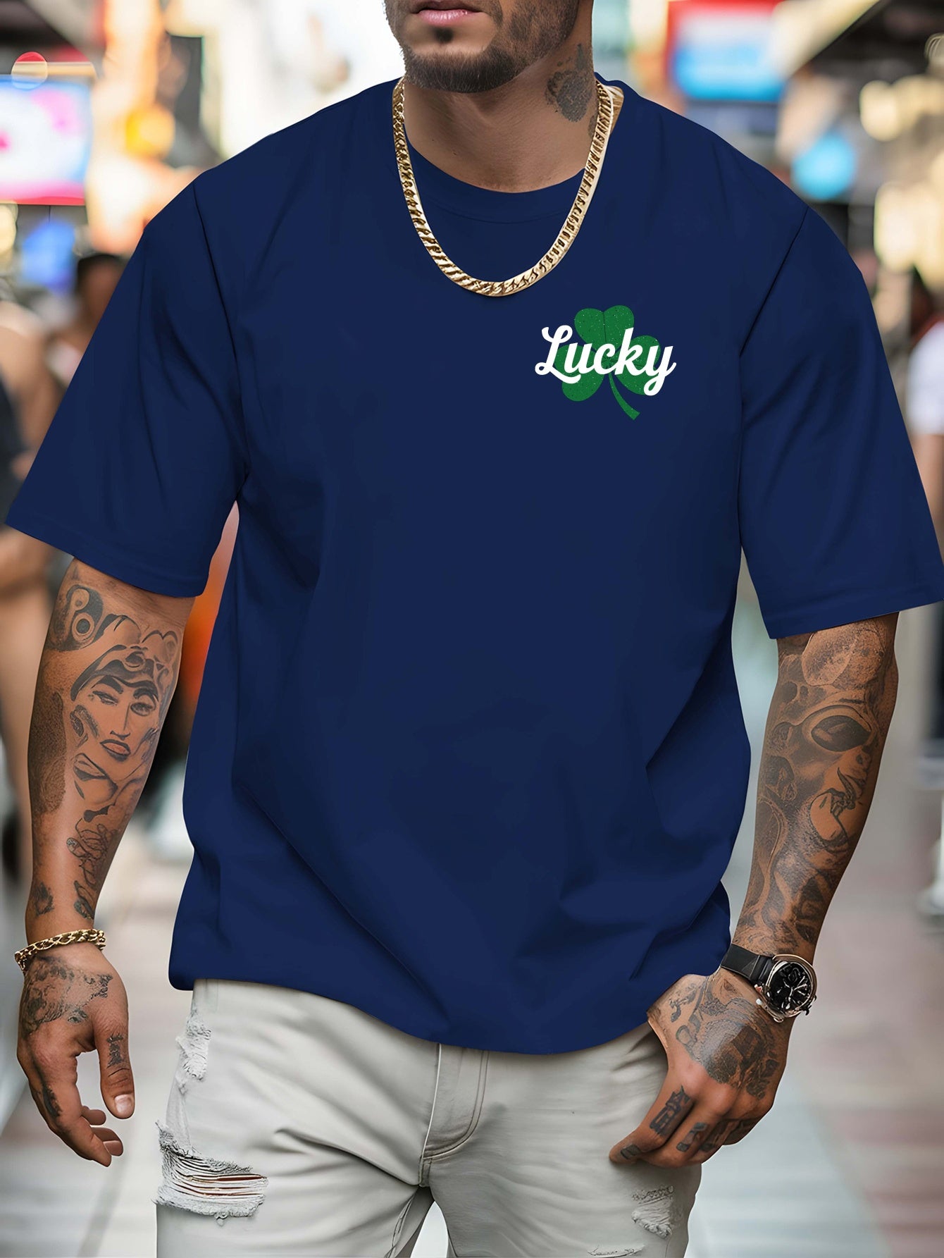 Men's Lucky Shamrock St. Patrick's Day T-Shirt - Navy Blue Short-Sleeve Crewneck, Breathable Polyester Blend, Casual Summer Top with Four-Leaf Clover Design