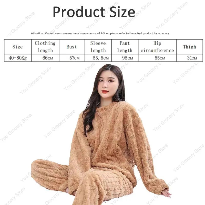 Autumn Women Solid Warm 2 Piece Sets Thicken Velvet Ribbed Fleece Set Pullover And Pants Women Casual Pajama Sets 2023