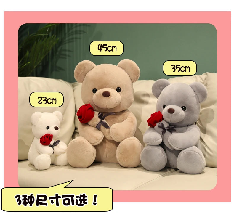 Kawaii Teddy Bear with Roses Plush Toy Soft Bear Stuffed Doll Romantic Gift for Lover Home Decor Valentine's Day Gifts for Girls