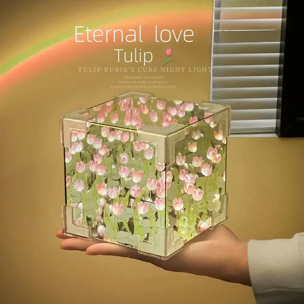 DIY Handmade Tulip Mirror Cube Lamp Simulation Flower Bedroom Sleeping Table Lamp Craft Tulips Mirror Night Light Birthday Gift