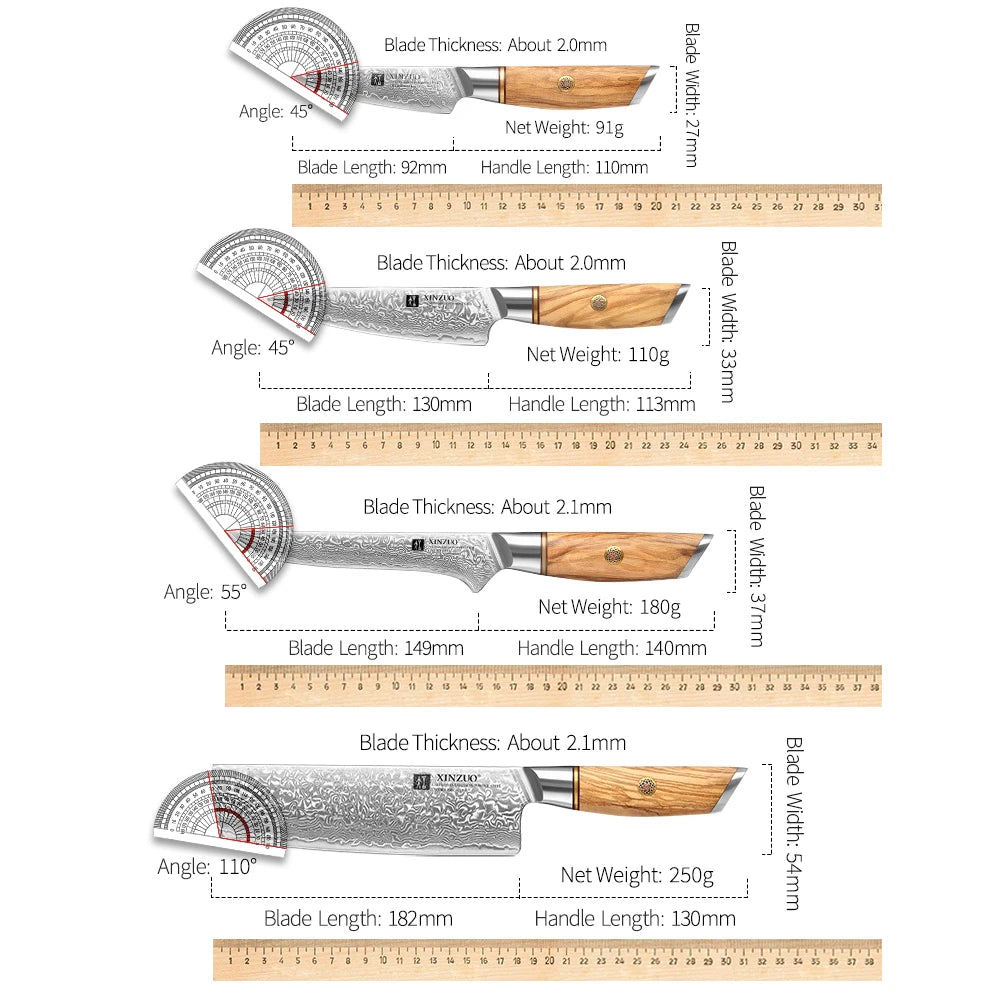 XINZUO 1-8pcs Kitchen Knife Set 73 Layers Custom Damascus Steel 15°±1 Per Side Steel Blade with Olive Wood Handle