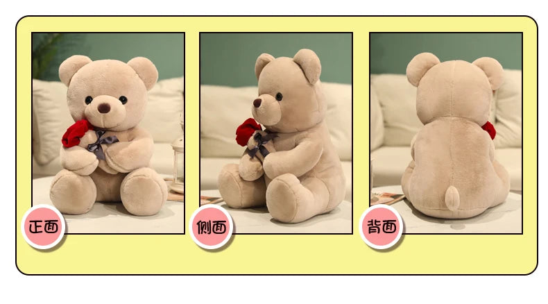 Kawaii Teddy Bear with Roses Plush Toy Soft Bear Stuffed Doll Romantic Gift for Lover Home Decor Valentine's Day Gifts for Girls