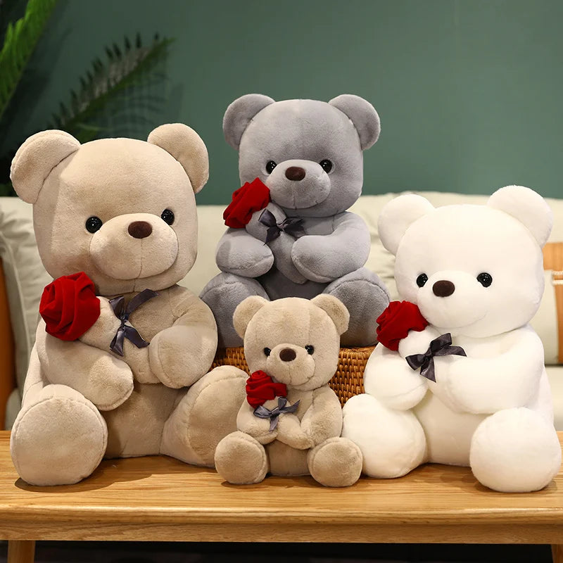 Kawaii Teddy Bear with Roses Plush Toy Soft Bear Stuffed Doll Romantic Gift for Lover Home Decor Valentine's Day Gifts for Girls