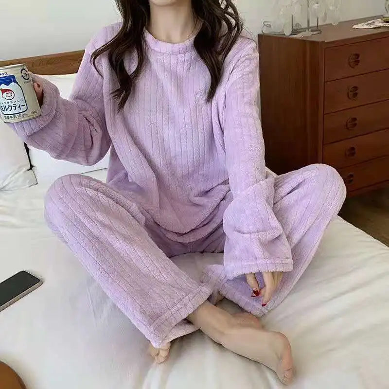 Autumn Women Solid Warm 2 Piece Sets Thicken Velvet Ribbed Fleece Set Pullover And Pants Women Casual Pajama Sets 2023