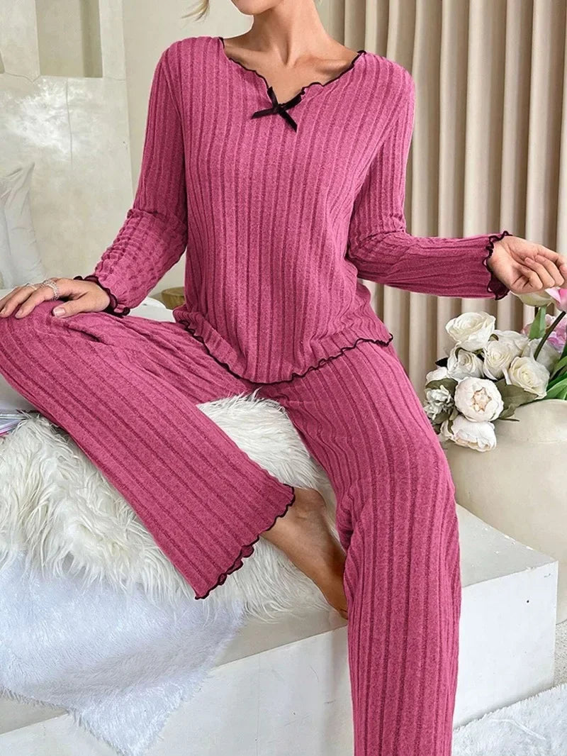 Women Autumn Winter Sleepwear Ribbed Pajamas Set Long Sleeve Top and Long Pants 2 Piece Set Casual Homewear Loungewear