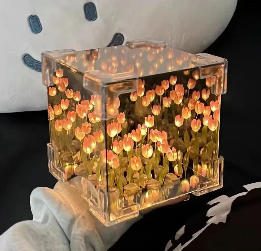 DIY Handmade Tulip Mirror Cube Lamp Simulation Flower Bedroom Sleeping Table Lamp Craft Tulips Mirror Night Light Birthday Gift