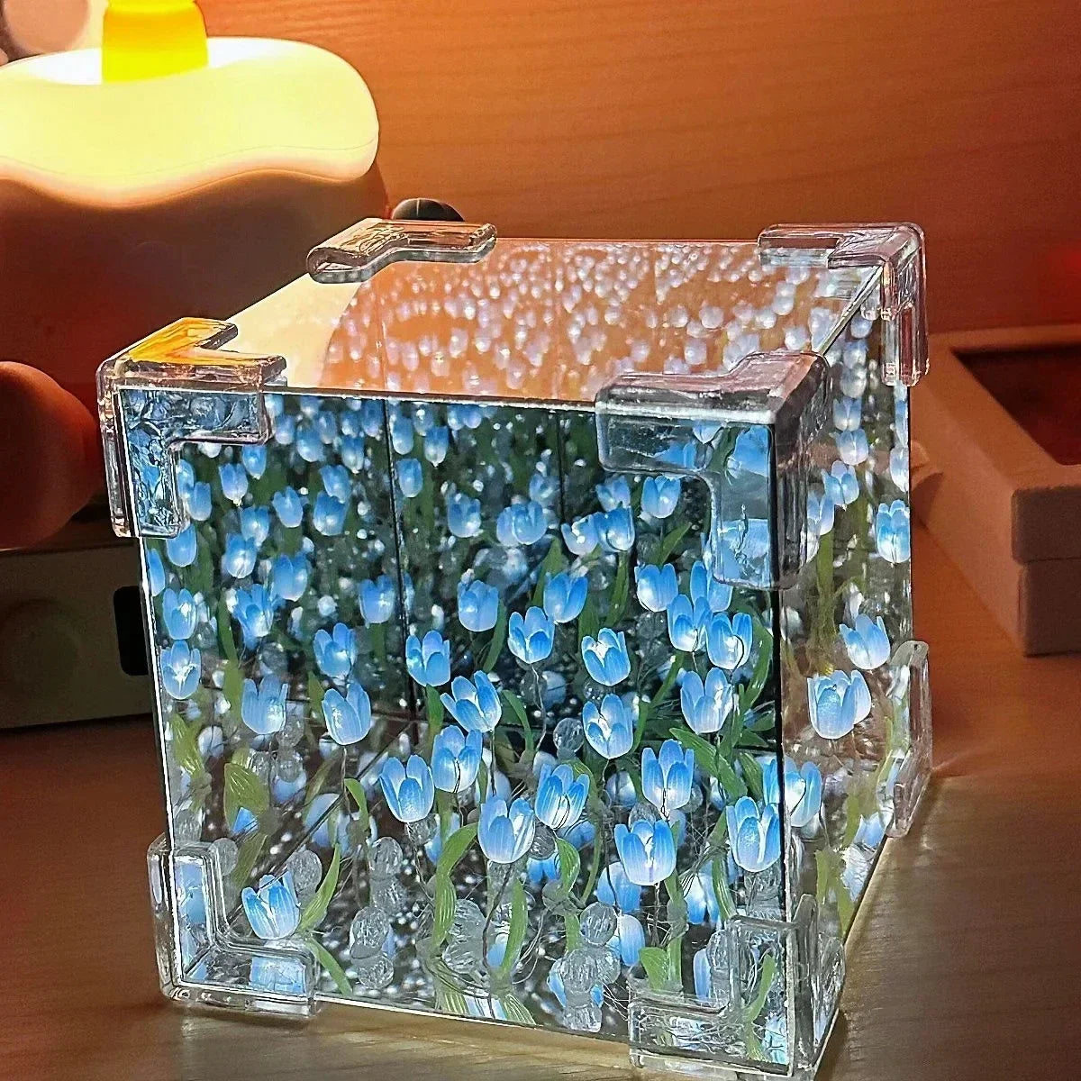 DIY Handmade Tulip Mirror Cube Lamp Simulation Flower Bedroom Sleeping Table Lamp Craft Tulips Mirror Night Light Birthday Gift