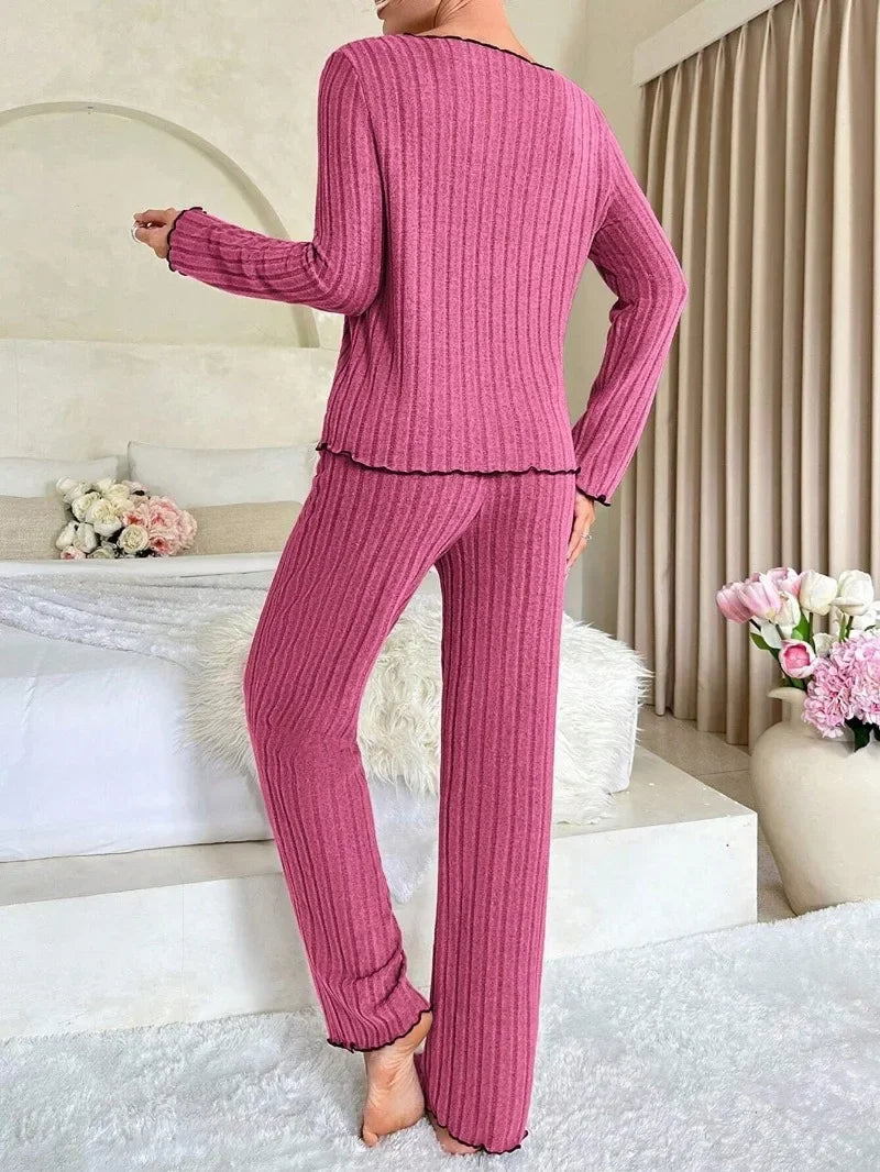 Women Autumn Winter Sleepwear Ribbed Pajamas Set Long Sleeve Top and Long Pants 2 Piece Set Casual Homewear Loungewear