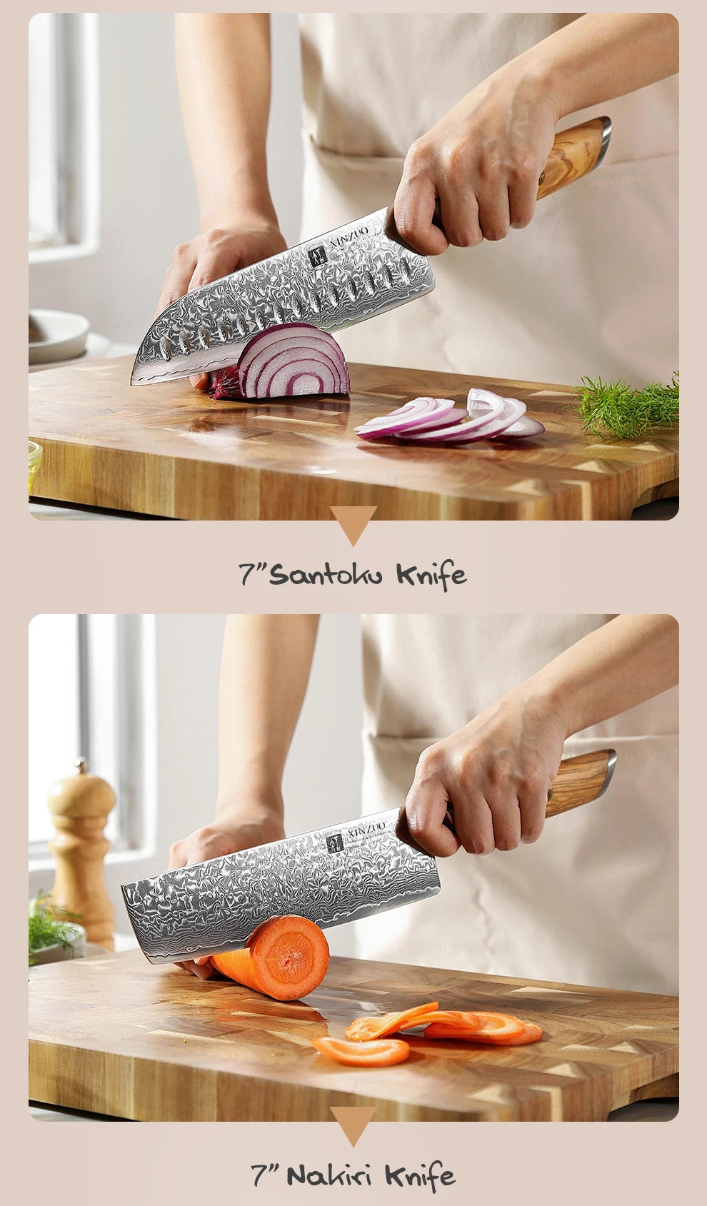 XINZUO 1-8pcs Kitchen Knife Set 73 Layers Custom Damascus Steel 15°±1 Per Side Steel Blade with Olive Wood Handle