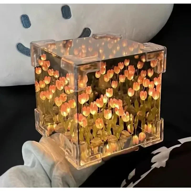 DIY Handmade Tulip Mirror Cube Lamp Simulation Flower Bedroom Sleeping Table Lamp Craft Tulips Mirror Night Light Birthday Gift