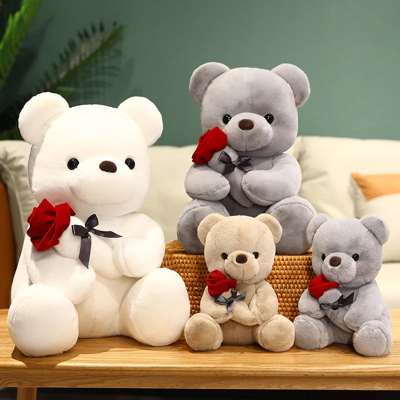 Kawaii Teddy Bear with Roses Plush Toy Soft Bear Stuffed Doll Romantic Gift for Lover Home Decor Valentine's Day Gifts for Girls