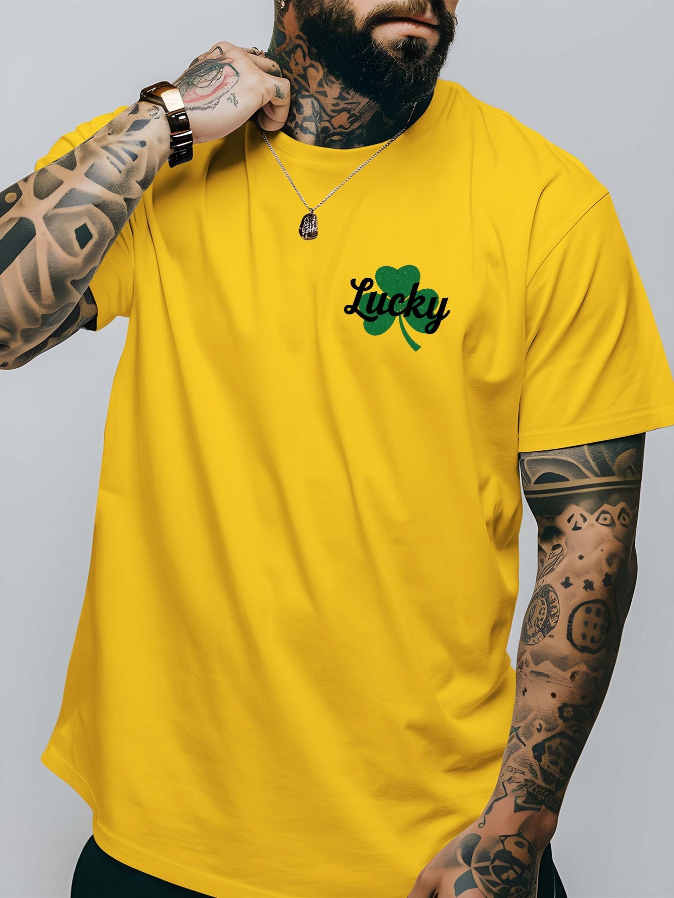 Men's Lucky Shamrock St. Patrick's Day T-Shirt - Navy Blue Short-Sleeve Crewneck, Breathable Polyester Blend, Casual Summer Top with Four-Leaf Clover Design